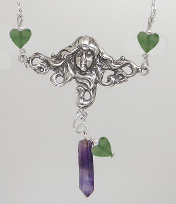 Sterling Silver Woman Maiden of the Gentle Heart Necklace With Amethyst And Jade Heart